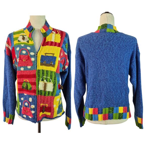 Susan Bristol Blue Red Handknit Patchwork Zip Up Vintage Cardigan Sweater M - Picture 1 of 4